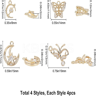 16Pcs 4 Styles Brass Micro Pave Cubic Zirconia Pendants KK-SC0001-91LG-1