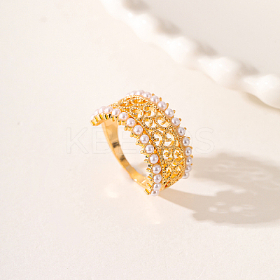 Hollow Brass with ABS Imitation Pearl Beads Wide Band Rings for Women OP9708-1-1