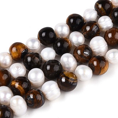 Natural Tiger Eye Round & Natural Cultured Freshwater Pearl Grooved Potato Beads Strands PEAR-N019-10-1