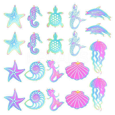 20Pcs 10 Styles Ion Plating(IP) 201 Stainless Steel Etched Metal Embellishments Pendants STAS-CA0002-35-1