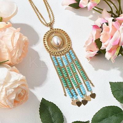 Bohemian 304 Stainless Steel & Imitation Pearl Oval Pendant Necklaces NJEW-Z061-10G-01-1