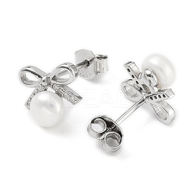 Anti-Tarnish Cubic Zirconia Bowknot with Natural Pearl Stud Earrings EJEW-F318-09P-1