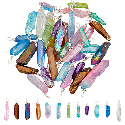48Pcs 12 Colors Electroplated & Dyed Natural Quartz Crystal Pendants PALLOY-AB00093-1