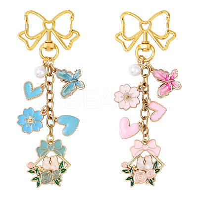 Bowknot Flower Butterfly Heart Alloy Enamel & ABS Plastic Imitation Pearl Pendant Decorations HJEW-YW00148-01-1