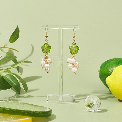 Lampwork Flower with Natural Pearl Dangle Earrings EJEW-TA00145-1