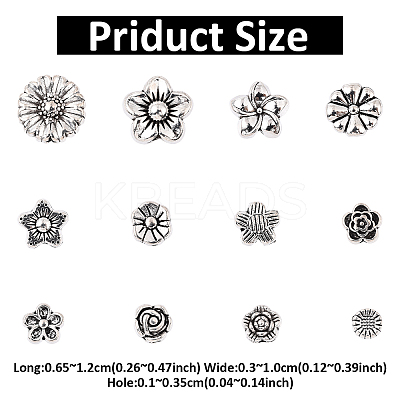120Pcs 12 Styles Tibetan Style Alloy 3D Flower Beads FIND-YW0009-60-1