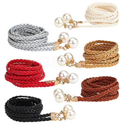 6Pcs 6 Colors Imitation Leather Braided Chain Belts with Imitation Pearl AJEW-CP0001-81-1