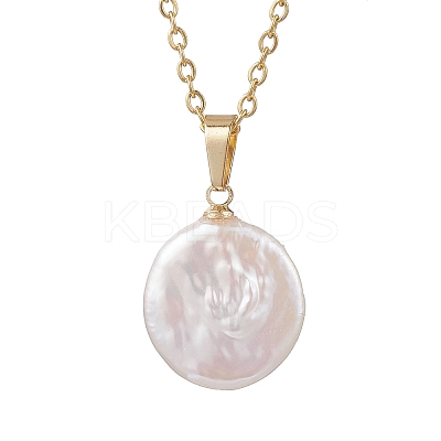 Natural Baroque Pearl Keshi Pearl Flat Round Pendant 304 Stainless Steel Cable Chain Necklaces NJEW-JN05892-1