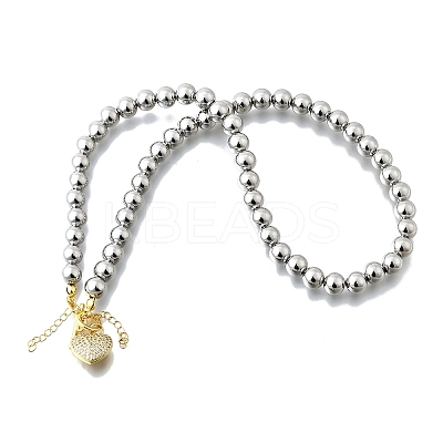 Brass Micro Pave Clear Cubic Zirconia Heart Pendant Round Beaded Necklaces for Women NJEW-D314-07PG-1