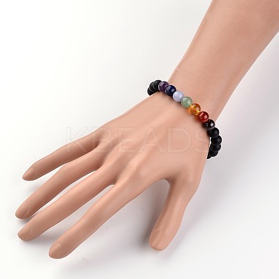 Chakra Natural Dyed & Heated Black Agate Beaded Stretch Bracelets X-BJEW-JB02225-02-1