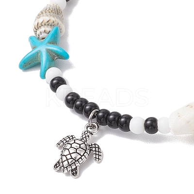 2Pcs 2 Styles Summer Beach Synthetic Turquoise Starfish & Natural Cowrie Shell & Glass Seed Round Beaded Alloy Turtle Charm Anklets AJEW-TA00038-1