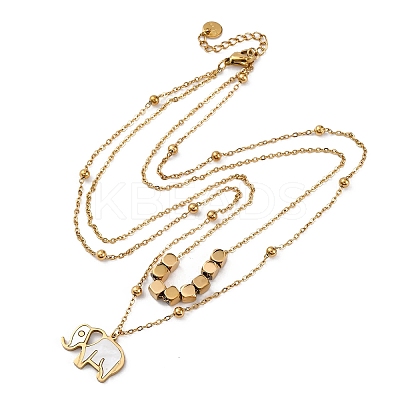 304 Stainless Steel Pave Natural White Shell Elephant Pendant Double Layer Necklaces NJEW-R026-06G-1