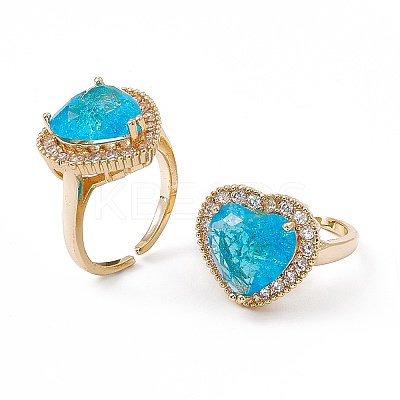 Deep Sky Blue Glass Heart Open Cuff Ring with Cubic Zirconia RJEW-J017-VC501-1