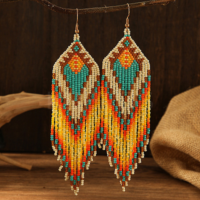 Bohemian Style Geometric Glass Seed Bead Handmade Tassel Dangle Earrings for Women TY9930-1