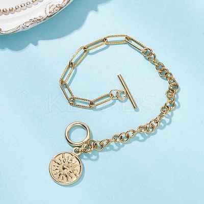 Flat Round with Sun 201 Stainless Steel Charm Bracelets BJEW-JB12679-1
