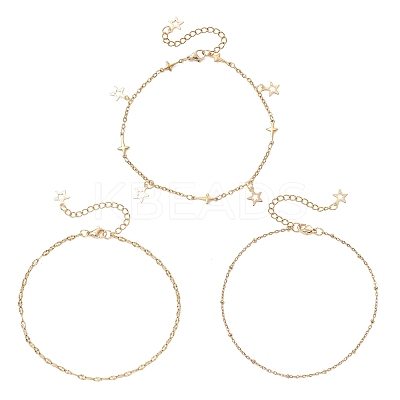 3Pcs 3 Styles 304 Stainless Steel Satellite Chain Dapped Chain Link Chain Anklets Set AJEW-AN00737-1
