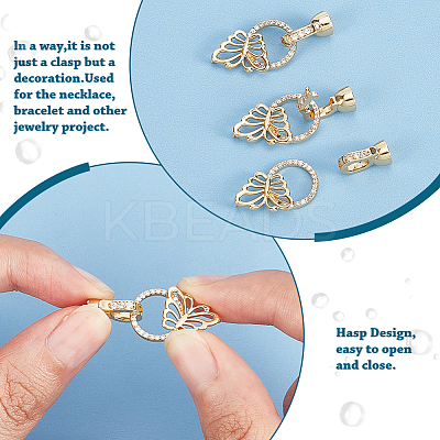 8Pcs 4 Styles Flat Round & Butterfly Brass Clear Cubic Zirconia Fold Over Clasps KK-DC0001-64-1