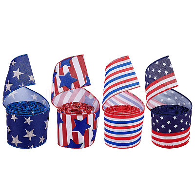 4 Rolls 4 Colors Independence Day Polyester Printed Wired Ribbon OCOR-PH0005-48-1