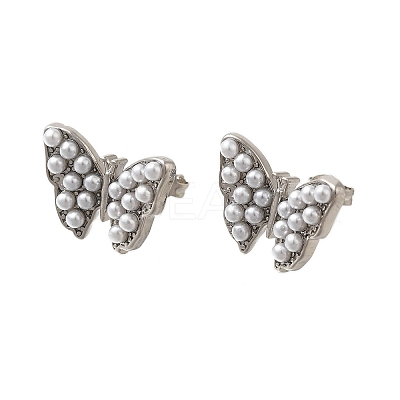 Rack Plating Butterfly Brass & ABS Imitation Pearl Stud Earrings EJEW-I310-14P-1