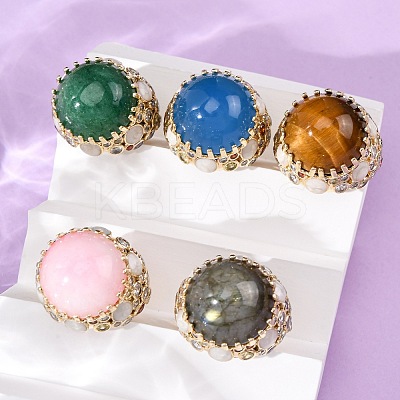 Half Round Natural Gemstone Cubic Zirconia Cuff Rings RJEW-M076-01G-1