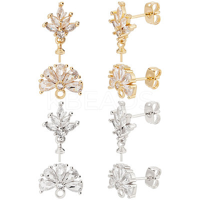 4 Pairs 4 Style Brass Cubic Zirconia Flower Stud Earring Findings EJEW-BBC0001-14-1