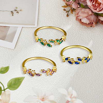 3Pcs 3 Colors Brass Micro Pave Cubic Zirconia Cuff Rings for Women RJEW-GO0001-28A-1