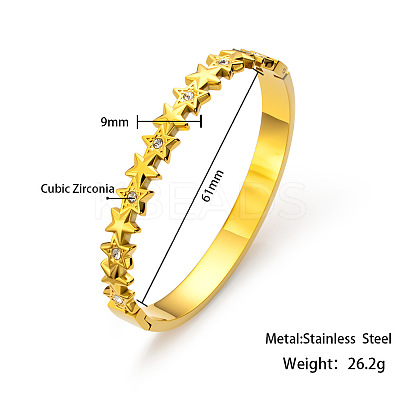 304 Stainless Steel Micro Pave Clear Cubic Zirconia Star Hinged Cuff Bangles for Women WG9322F-02-1