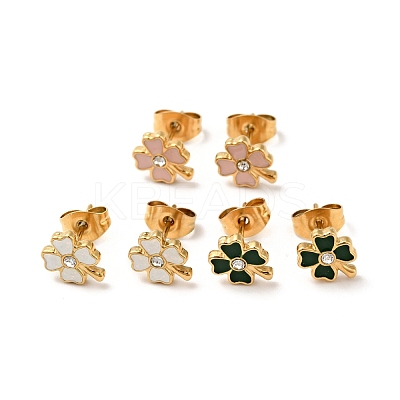 Ion Plating(IP) Enamel Clover with Crystal Rhinestone Stud Earrings with 316 Surgical Stainless Steel Pins EJEW-A081-12G-1