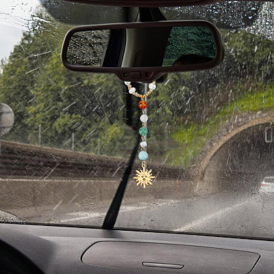 Natural Gemstone & Alloy Sun Pendant Car Hanging Ornaments HJEW-DR00027-1