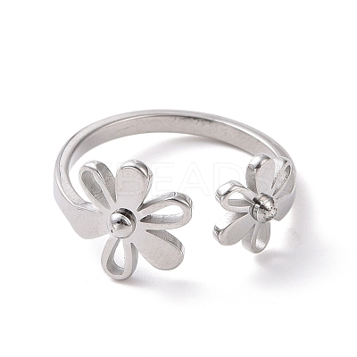 Non-Tarnish 304 Stainless Steel Flower Open Cuff Ring for Women RJEW-D120-07P-1