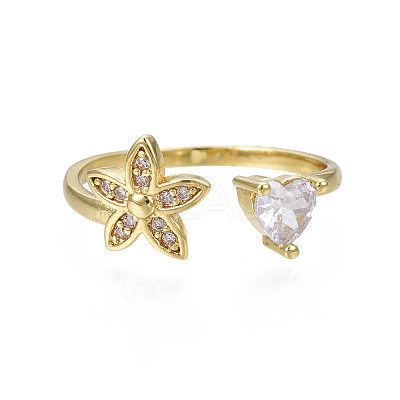 Cubic Zirconia Flower and Heart Open Cuff Ring RJEW-N035-115-1