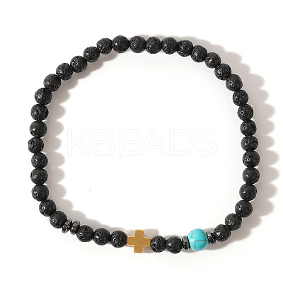 Natural Lava Rock & Synthetic Turquoise Round & Synthetic Non-magnetic Hematite Corss Beaded Stretch Bracelets SL0705-1