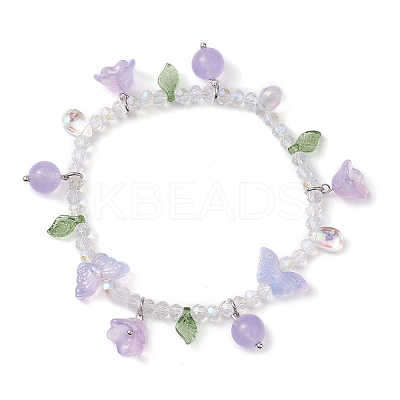Dyed Natural Malaysia Jade & Glass Beaded Stretch Bracelet with Flower Charms BJEW-JB10176-01-1