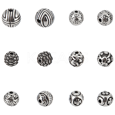 12Pcs 6 Styles Round 304 Stainless Steel Beads STAS-UN0059-95-1