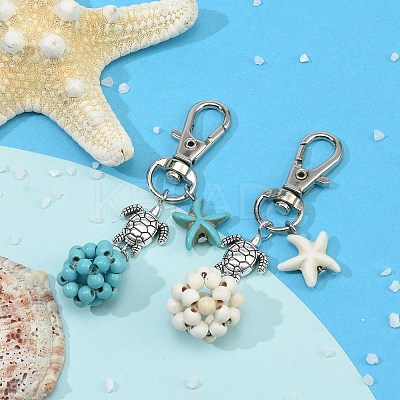 Starfish & Round Synthetic Turquoise Pendant Decorations HJEW-JM03276-1