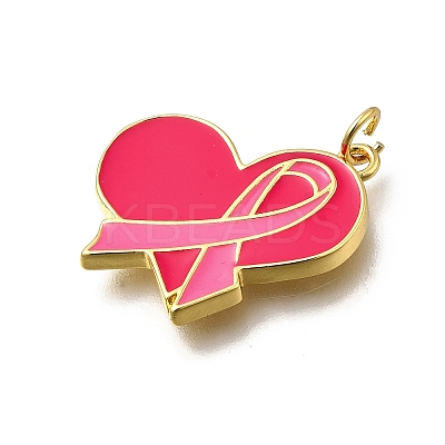 October Breast Cancer Pink Awareness Ribbon Brass Enamel Pendants KK-G525-10G-05-1