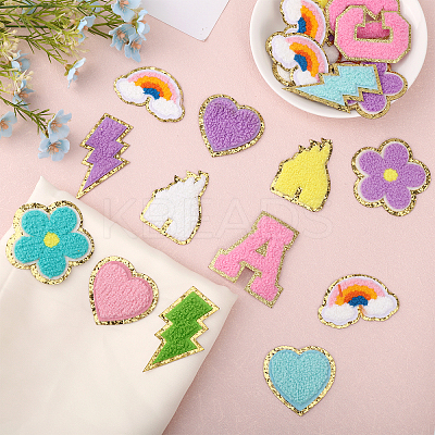 Lightning Bolt & Castle & 5-Petal Flower & Letter A~Z & Heart & Rainbow Towel Embroidery Style Cloth Iron on/Sew on Patches DIY-GL0004-17-1