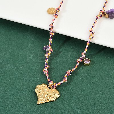 304 Stainless Steel Textured Heart Pendant Cotton Cord Adjustable Necklaces NJEW-C093-01G-1