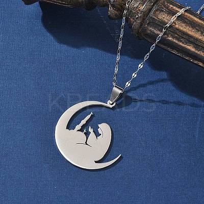 201 Stainless Steel Moon with Woman Pendant Necklaces for Ramadan & Eid Mubarak NJEW-D318-02P-1