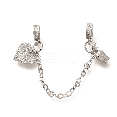 Brass Clear Cubic Zirconia European Safety Chains with Heart & Rose Charms KK-C085-16P-1