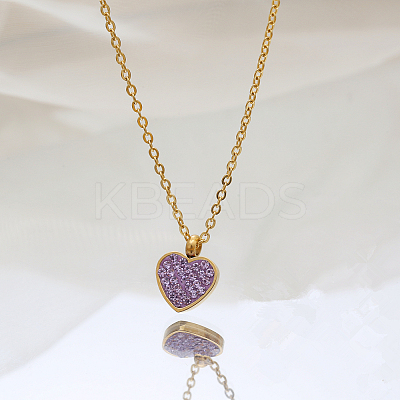 304 Stainless Steel Heart Pendant Necklaces with Amethyst Rhinestone for Women GE0081-1-1