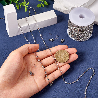 1 Roll 304 Stainless Steel Dapped Chains with 20Pcs 304 Stainless Steel Lobster Claw Clasps with 40Pcs 304 Stainless Steel Open Jump Rings CHS-TA0001-52-1