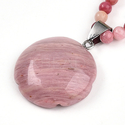 Natural Rhodonite 4.5mm Round Beaded Flower Pendant Necklaces NJEW-T016-04L-1