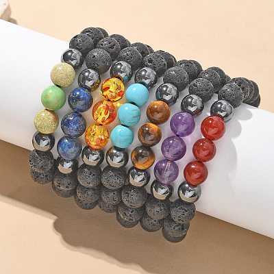 Natural Lava Rock and Non-Magnetic Synthetic Hematite Beads Braided Bead Bracelets BJEW-JB03975-1