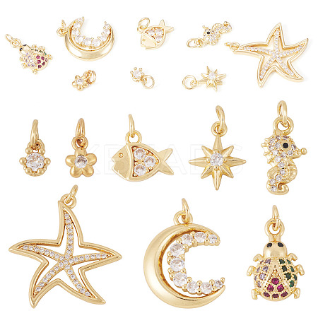 8Pcs 8 Styles Brass Micro Pave Cubic Zirconia Pendants KK-TA0002-53-1