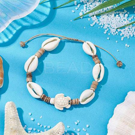 Ocean Theme Adjustable Cowrie Shell & Coconut Braided Bead Bracelets BJEW-JB11461-02-1