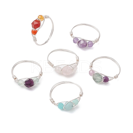 Round Natural Rose Quartz & Amethyst & Fluorite & Carnelian & Amazonite & Red Agate Finger Ring RJEW-JR00755-1