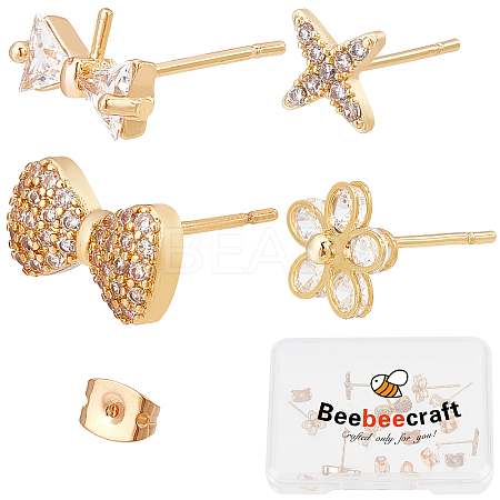 Beebeecraft 8Pcs 4 Style Brass Cubic Zirconia Stud Earring Findings KK-BBC0001-80-1