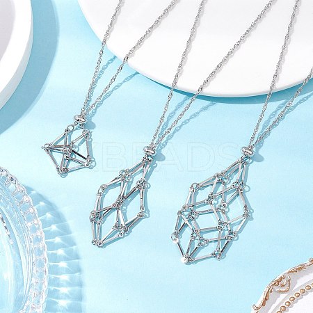 3Pcs 3 Styles 304 Stainless Steel Cuboid Link Chain Macrame Pouch Empty Stone Holder Necklace Making NJEW-JN05197-1