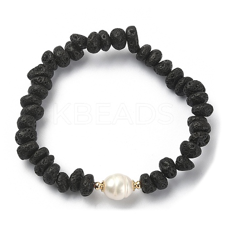 Natural Lava Rock & Pearl & Brass Beaded Stretch Bracelets BJEW-JB09493-01-1